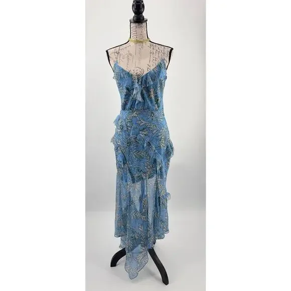 B44 Veronica Beard Avenel Silk Midi Dress 4 Floral Ruffle Aero Blue Flowy  Sheer - coffeafoods.com